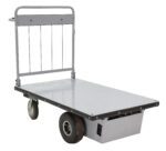 The Vestil Electric Material Handling Cart 28 X 48 features a metal frame with four wheels—two smaller at the handle and two larger at the other end—for efficient heavy item transport. This versatile, flatbed hand truck has no sides, allowing for easy loading=