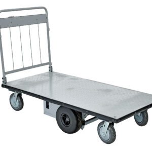 The Vestil Electric Matl Hndl No Sides Cart 28X60 is a flat metal cart with a foldable handle, textured surface, and four wheels—two swiveling and two fixed—ideal for transporting heavy loads in industrial or warehouse settings.