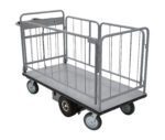 The Vestil Electric Matl Hndl With Sides Cart 28X60 features a durable gray metal frame with side railings, four wheels, and a convenient handle for easy transport of goods.