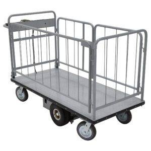 The Vestil Electric Matl Hndl With Sides Cart 28X60 features a durable gray metal frame with side railings, four wheels, and a convenient handle for easy transport of goods.
