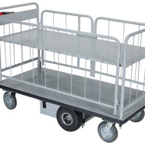 The Vestil Elec Matl Hndl Cart Sides 1-Shelf 28X60 is a large, flat, gray utility cart with railings on all sides and four small wheels. It features a textured platform and a handlebar on one end, making it perfect for transporting heavy or bulky items easily.