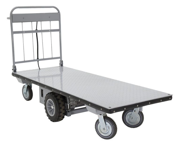 EMHC-2872-1_A.jpg The Vestil Electric Material Handling Cart 28 X 72, No Sides features a metal platform, four wheels (larger rear and smaller front), and a steering handle, making it ideal for effortlessly transporting heavy or bulky items.