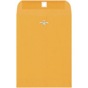 A large 6 1/2 x 9 1/2 Kraft Clasp Envelope is vertically oriented with a metal closure and a white circular sticker on the open flap, set against a plain background. Ideal for organization, this product is available in bulk as 6 1/2 x 9 1/2 Kraft Clasp Envelopes (1000/Case).