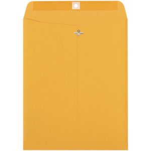 The 9 1/2 x 12 1/2 Kraft Clasp Envelopes (500/Case) are large brown envelopes featuring a metal clasp at the top center with a flap, ideal for vertically mailing documents.
