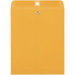 A large, yellow-brown 10 x 13 Kraft Clasp Envelope with a metal clasp and a circular white reinforcement patch on a white background showcases durability and simplicity, perfect for organizing. Its available in bulk as 10 x 13 Kraft Clasp Envelopes (500/Case).