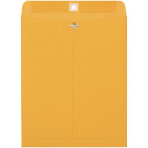 A large, yellow-brown 10 x 13 Kraft Clasp Envelope with a metal clasp and a circular white reinforcement patch on a white background showcases durability and simplicity, perfect for organizing. Its available in bulk as 10 x 13 Kraft Clasp Envelopes (500/Case).
