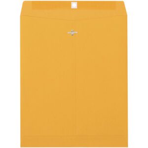 The 11 1/2 x 14 1/2 Kraft Clasp Envelopes feature a button and string closure, ideal for storing or mailing documents. These mustard-colored, flat envelopes are sold in cases of 500.