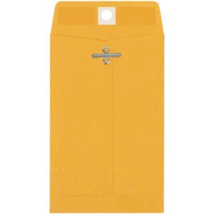 A large brown 4 x 6 3/8 Kraft Clasp Envelope with a metal clasp closure is centered on a white background. The open flap reveals a small circular white sticker inside, making it perfect for any collection of the 1000/case batch of Kraft Clasp Envelopes.