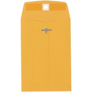 The large brown manila envelope from the 5 x 7 1/2 Kraft Clasp Envelopes (1000/Case) has a metal clasp closure, an adhesive seal, and a top flap with a circular hole for the clasp.