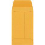 A closed, orange-brown manila envelope with an open flap stands upright against a white background, resembling the shape of the 2 1/4 x 3 1/2 Kraft Gummed Envelopes (5000/Case), viewed from the back and ready for contents.