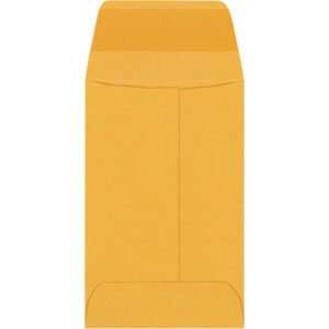 A closed, orange-brown manila envelope with an open flap stands upright against a white background, resembling the shape of the 2 1/4 x 3 1/2 Kraft Gummed Envelopes (5000/Case), viewed from the back and ready for contents.