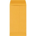 A 3 1/2 x 6 1/2 kraft gummed envelope stands vertically, flap closed. Its natural, rustic look is enhanced by gummed seams, making it ideal for bulk needs with a pack of 5000 per case.