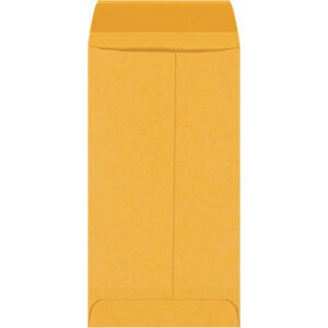 A 3 1/2 x 6 1/2 kraft gummed envelope stands vertically, flap closed. Its natural, rustic look is enhanced by gummed seams, making it ideal for bulk needs with a pack of 5000 per case.