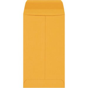 The 3 3/8 x 6 Kraft Gummed Envelope from a bulk case of 5000 is displayed vertically on a white background with its flap open, highlighting its simple brown design.