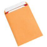 A 9 x 12 Kraft Self-Seal Envelope, from the 500/Case pack, is slightly open at the top, revealing colorful documents inside.