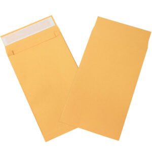 Two brown 10 x 15 x 2 Kraft Expandable Self-Seal Envelopes are displayed: one closed with its flap visible, and the other open to show the interior adhesive strip. Ideal for mailing needs, these envelopes come in a case of 250.