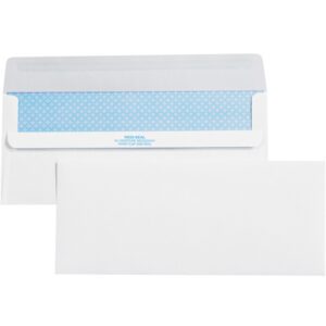 Two white MH-USA 4 1/8 x 9 1/2 Lbs10 Plain Redi-Seal Business Envelopes with Security Tint are displayed; one closed and flat, while the other is open, showcasing its blue security pattern as the flap reveals the design.