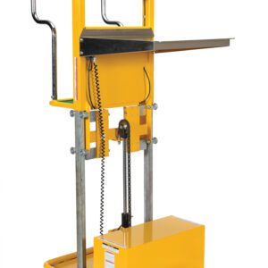 This yellow manual lift table cart has a strong metal platform, vertical frame, hydraulic mechanism, four red caster wheels, and two handlebars. Perfect for lifting and moving small loads in industrial settings, its a great alternative to the Vestil Electric Order Picker 0.44K Capacity.