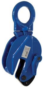 The Vestil Vertical Plate Clamp, with a 2K capacity, is ideal for heavy-duty tasks. It features a blue industrial design with a large top loop and narrow gripping section for efficient handling of substantial loads.