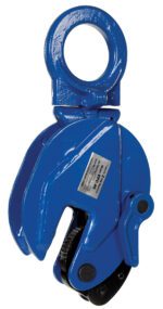 The Vestil Vertical Plate Clamp 4K Capacity features a blue design, a circular handle at the top, and a movable jaw mechanism at the bottom for gripping and lifting heavy materials.