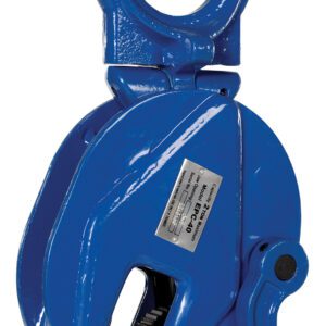 The Vestil Vertical Plate Clamp 4K Capacity features a blue design, a circular handle at the top, and a movable jaw mechanism at the bottom for gripping and lifting heavy materials.