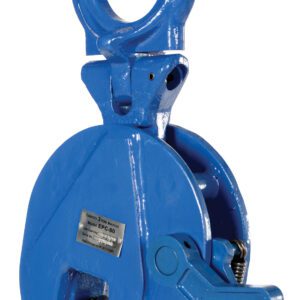 The Vestil Vertical Plate Clamp 6.6K Capacity is a blue industrial metal clamp with a circular handle for lifting heavy materials. It features a visible gear mechanism and has a metal label on its side.