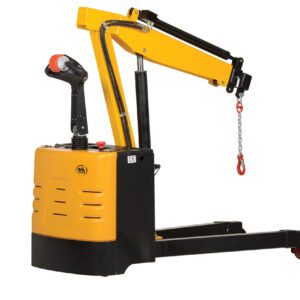 The Vestil Electric Powered Floor Crane 2.5K Lb, showcasing a yellow and black design with a hydraulic arm, joystick control, and red hook on a chain, is set against a white background.