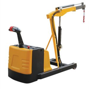 The Vestil Elec Pwr Counter Balance Floor Crane 1.5 is a yellow and black industrial lifting crane with hydraulic arms, a control panel, small wheeled base, and chain hook. It features an adjustable boom for moving heavy materials in warehouses or construction sites.