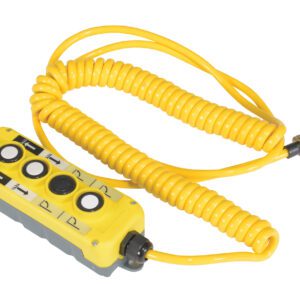 The yellow Vestil Power Lift Option - Hand Control has four buttons with directional symbols in a single row on a coiled yellow cable ending in a metal connector.
