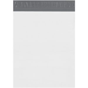 The MH-USA 13 x 16 x 4 Expansion Poly Mailers (100/Case) have a plain white design and a silver self-seal strip, ideal for secure shipping or mailing.