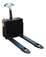 The Vestil Electric Pallet Truck 3.3K 20X47, in a striking black and yellow design with an upper handle and controls, efficiently lifts pallets using two long forks. It runs on (2)12V batteries against a sharp white background.