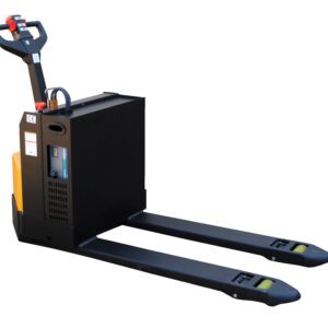 The Vestil Pallet Truck 4.5K-Platform (4)6V 20X48 has a black body, yellow accents, and a handle with red and green controls for safely lifting and moving pallets efficiently.