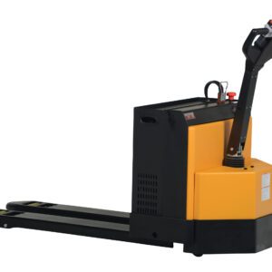 The Vestil Electric Pallet Truck 4.5K 20X48 (4)6V features a yellow and black design, intuitive handlebar controls, and sturdy metal forks. This compact industrial machine is perfect for warehouse or material handling tasks.