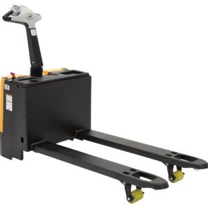 The Vestil Electric Pallet Truck 3.3K 25X48 Agm sports a sleek black body, extended forks, and a grey handle with an intuitive control panel. Yellow accents and compact front wheels boost maneuverability for smooth use in various settings.