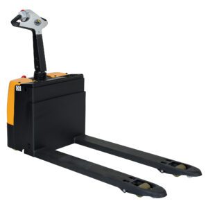 The Vestil Pallet Jack 25X47 Economy 3000 Capacity, with a sleek black and yellow design, features long forks and a maneuverable handle for efficient material handling against a white backdrop.