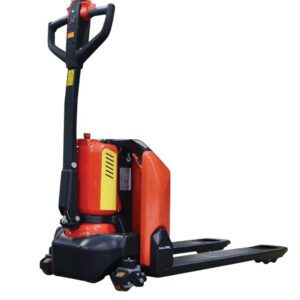 The Vestil Fully Pwred Pallet Trk with 27X45 forks is a red and black electric pallet truck designed for lifting and transporting pallets, featuring a vertical handle, wheels, and a stable base for maneuvering heavy loads in warehouses or storage facilities.