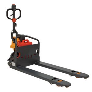 The Vestil Electric Pallet Truck 2.6K 27X48 has a black handle, gray forks, a red emergency stop button, and a side-mounted battery pack, complemented by orange wheels and black safety guards around the battery area for an efficient design.