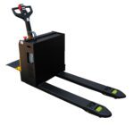 The Vestil Pallet Truck 4.5K-Platform (4)6V 27X48 features a sleek black body with long forks, a vivid red and black handle, digital controls, and safety buttons for efficient pallet lifting and transport in warehouses.