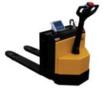 The Vestil Pallet Truck 4.5K-Scale/Platform Agm in yellow and black features a digital display, control handle, and a conveniently positioned control panel for ease of use. Its forks are ideal for efficient pallet lifting and moving.