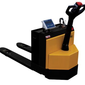 The Vestil Elec Pallet Trk 4.5K-27X48 Scale (4)6V, with a yellow and black design, includes a control handle with buttons and a small digital display for easy operation, while its forward-extending forks are perfect for efficiently lifting and moving pallets.