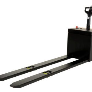 The Vestil Electric Pallet Truck 4.5K 27X96-Agm features a striking black design with long forks, user-friendly control handle with buttons, and an emergency stop button for safety, all set against a white background.