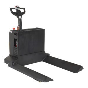 The Vestil Electric Powered 40X48 Roll Pallet Truck 4500# features a sleek black design and long forks, ideal for lifting and moving pallets efficiently. Its user-friendly control handle makes it perfect for industrial or warehouse use.