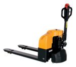 The Vestil Semi-Electric Pallet Truck 3.3K features a striking yellow design with a black handle, enhanced by a red control grip. Its engineered for pallet lifting and movement with extended forks and sturdy wheels, ensuring smooth operation.
