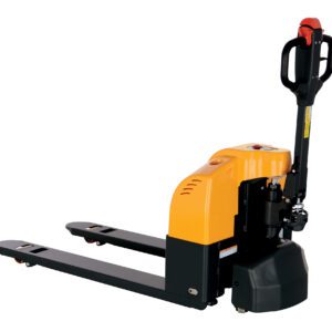 The Vestil Semi-Electric Pallet Truck 3.3K features a striking yellow design with a black handle, enhanced by a red control grip. Its engineered for pallet lifting and movement with extended forks and sturdy wheels, ensuring smooth operation.