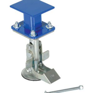The Vestil Floor Lock for Ergo Handle Cart resembles a blue jack with a square plate secured by bolts, complemented by a silver metal mechanism with an adjustable foot and a long silver bolt, all set against a pristine white background.