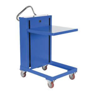 A blue utility cart features four red caster wheels, a top handle, and an adjustable platform similar to the Vestil Self-Elevating Spring Table 230Lb 20X20. Designed for easy mobility and transporting items, it has a minimalist and sturdy metal structure.
