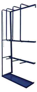 The Vestil Expand Vertical Bar Rack Ext 106 In H is a blue metal storage rack with multiple horizontal bars and a side chain, featuring three levels for organization. Its minimalist open design is perfect for industrial or commercial use, showcasing sturdy construction.
