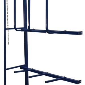 The Vestil Expand Vertical Bar Rack Ext 106 In H is a blue metal storage rack with multiple horizontal bars and a side chain, featuring three levels for organization. Its minimalist open design is perfect for industrial or commercial use, showcasing sturdy construction.