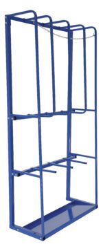 The Vestil Expand Vertical Bar Rack Start 106 In H is a blue metal storage unit with vertical compartments and a chain, ideal for pipes or rods. It includes a lower shelf for added support. This freestanding rack offers an industrial style for organized storage.
