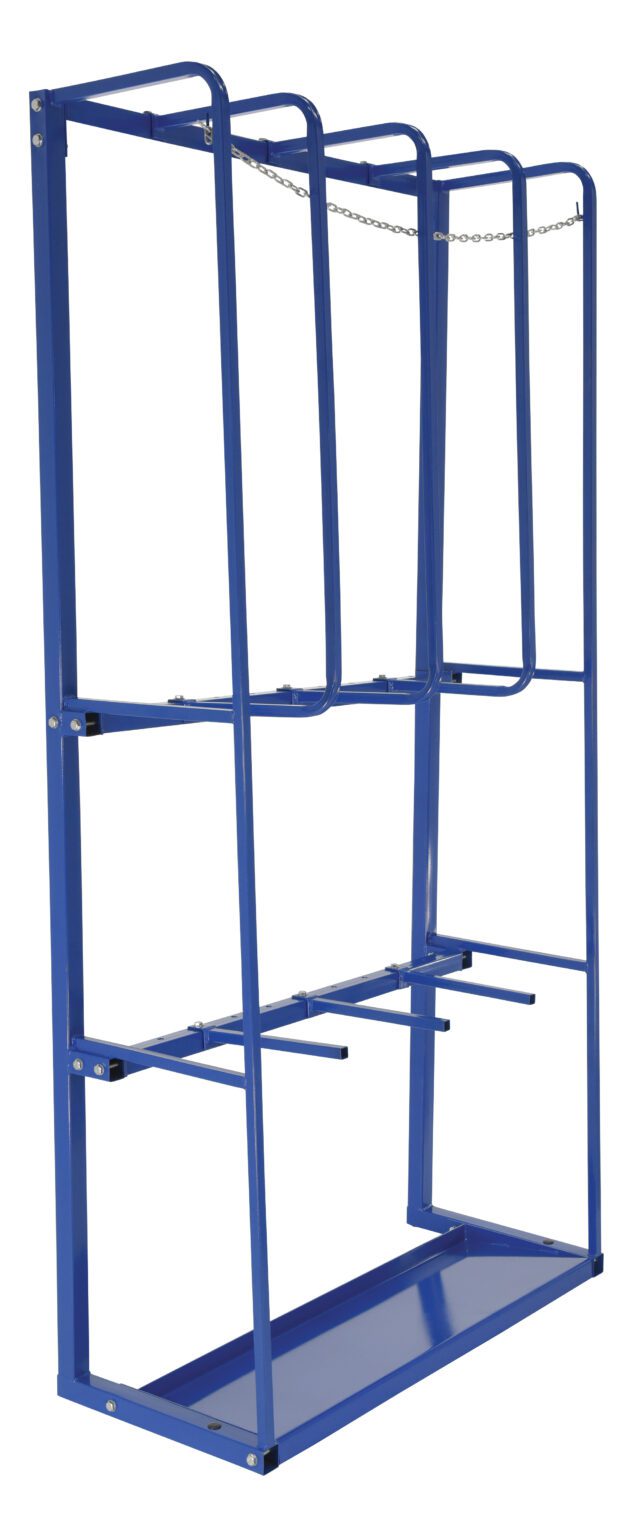 EVR-106-S_A.jpg The Vestil Expand Vertical Bar Rack Start 106 In H is a blue metal storage unit with vertical compartments and a chain, ideal for pipes or rods. It includes a lower shelf for added support. This freestanding rack offers an industrial style for organized storage.